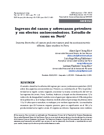 Ingresos del canon y sobrecanon petrolero y sus efectos socioeconómicos. Estudio de casos en Perú