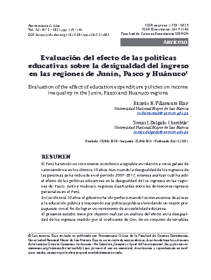 Evaluación del efecto de las políticas educativas sobre la desigualdad del ingreso en las regiones de Junín, Pasco y Huánuco