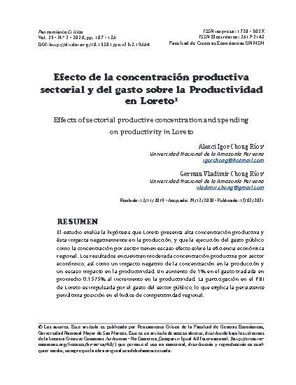 Efecto de la concentración productiva sectorial y del gasto sobre la Productividad en Loreto