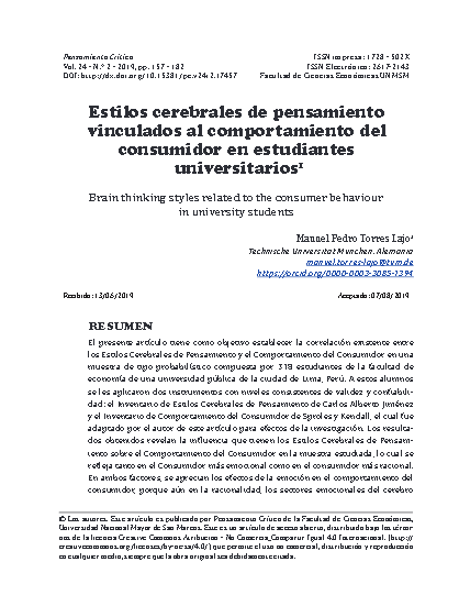 Estilos cerebrales de pensamiento vinculados al comportamiento del consumidor en estudiantes universitarios