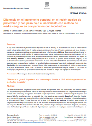Diferencia en el incremento ponderal en el recién nacido de pretérmino y con peso bajo al nacimiento con método de madre canguro en comparación con incubadora
