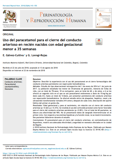 Uso del paracetamol para el cierre del conducto arterioso en recién nacidos con edad gestacional menor a 35 semanas
