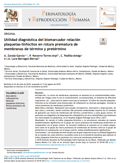 Utilidad diagnóstica del biomarcador relación plaquetas-linfocitos en rotura prematura de membranas de término y pretérmino