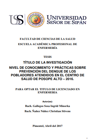 Nivel de conocimiento y prácticas sobre prevención del dengue de los Pobladores atendidos en el Centro de Salud de Posope Alto - 2016