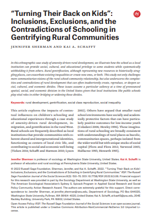 &quot;Turning Their Back on Kids&quot;: Inclusions, Exclusions, and the Contradictions of Schooling in Gentrifying Rural Communities&quot;