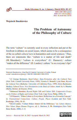 The Problem of Autonomy of the Philosophy of Culture