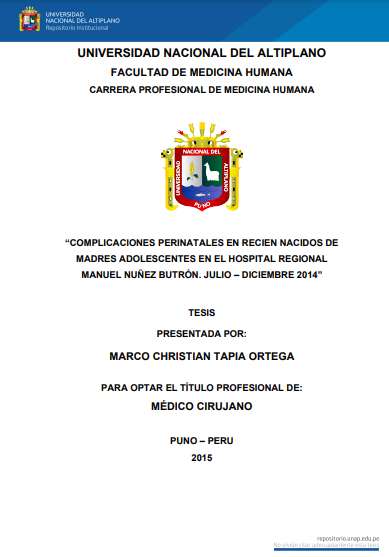 Complicaciones perinatales en recién nacidos de madres adolescentes en el Hospital Regional Manuel Nuñez Butrón. julio - diciembre 2014