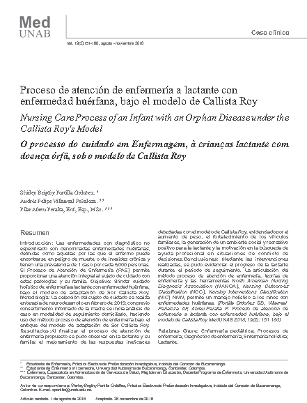 Proceso de atención de enfermería a lactante con enfermedad huérfana, bajo el modelo de Callista Roy