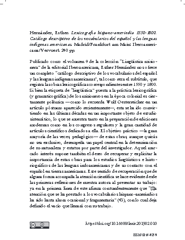Hernández, Esther. Lexicografía hispano-amerindia 1550-1800. Catálogo descriptivo de los vocabularios del español y las lenguas indígenas americanas. Madrid/Frankfurt am Main