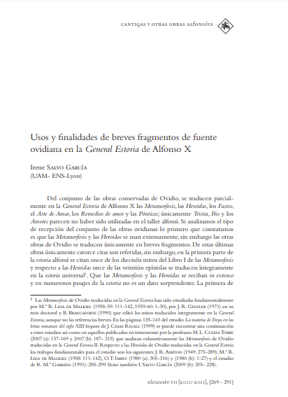 Usos y finalidades de breves fragmentos de fuente ovidiana en la General Estoria de Alfonso X