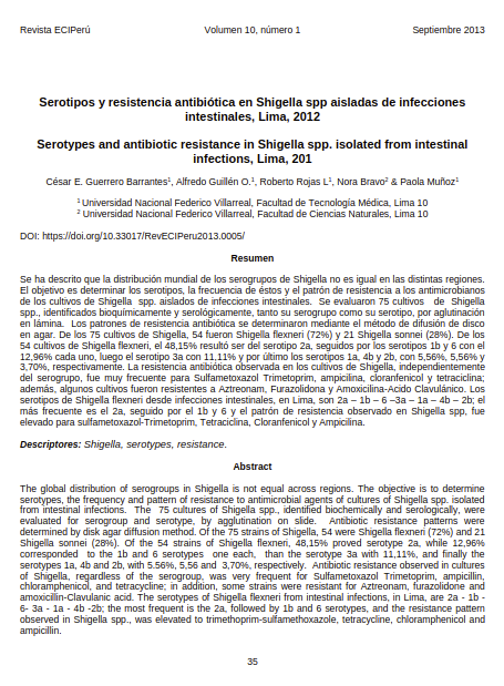 Serotipos y resistencia antibiótica en Shigella spp aisladas de infecciones intestinales, Lima, 2012