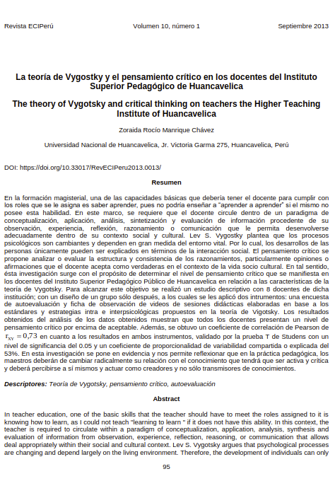 La teoría de Vygostky y el pensamiento crítico en los docentes del Instituto Superior Pedagógico de Huancavelica