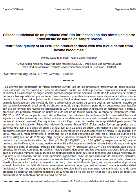Calidad nutricional de un producto extruido fortificado con dos niveles de hierro proveniente de harina de sangre bovina