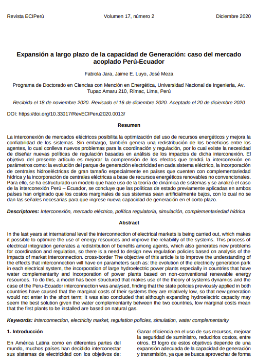 Expansión a largo plazo de la capacidad de Generación: caso del mercado acoplado Perú-Ecuador