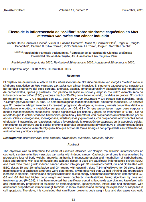 Efecto de la inflorescencia de &quot;coliflor&quot; sobre síndrome caquéctico en Mus musculus var. swiss con cáncer inducido