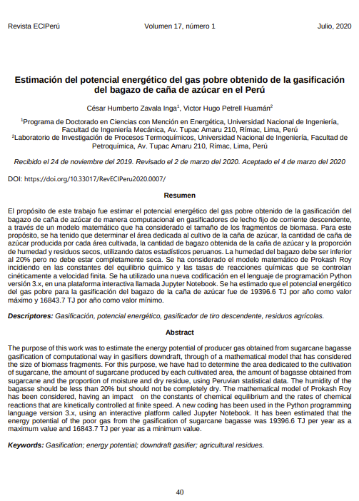 Estimación del potencial energético del gas pobre obtenido de la gasificación del bagazo de caña de azúcar