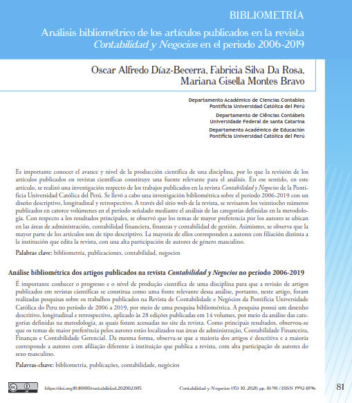 Análisis bibliométrico de los artículos publicados en la revista Contabilidad y Negocios en el periodo 2006-2019