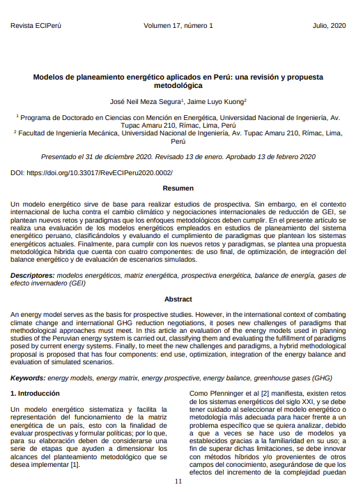 Modelos de planeamiento energético aplicados en Perú: una revisión y propuesta metodológica