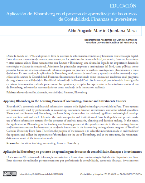 Aplicación de Bloomberg en el proceso de aprendizaje de los cursos de Contabilidad, Finanzas e Inversiones