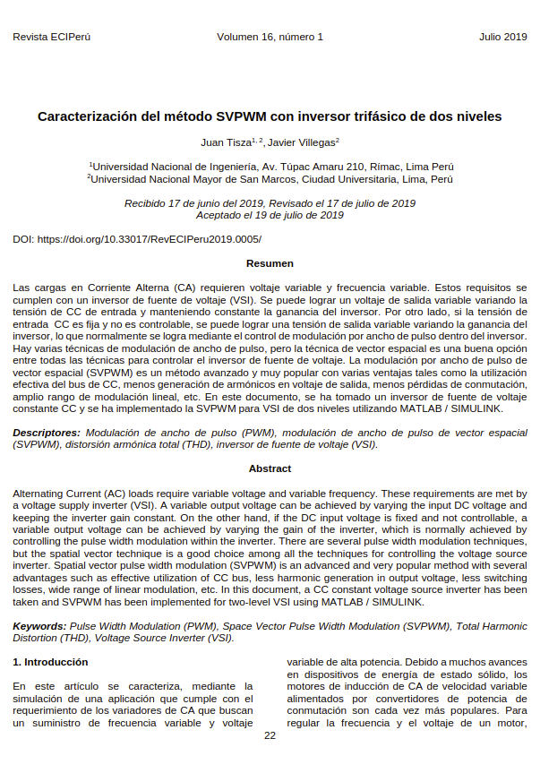 Caracterización del método SVPWM con inversor trifásico de dos niveles