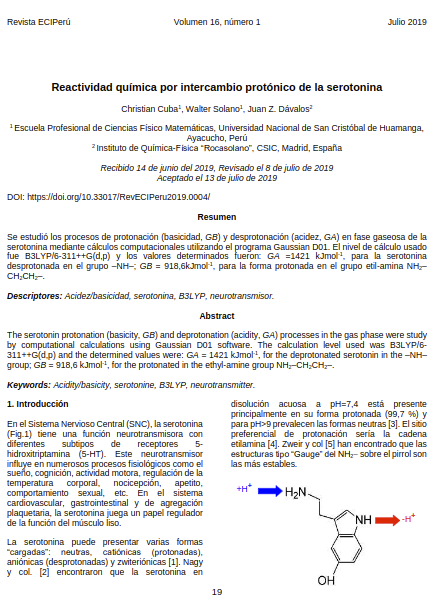 Reactividad química por intercambio protónico de la serotonina