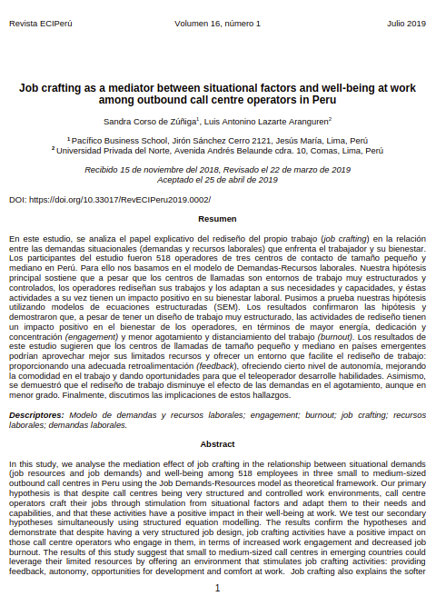 Job crafting as a mediator between situational factors and well-being at work among outbound call centre operators in Peru