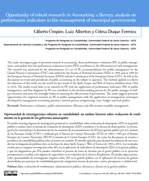 Opportunity of robust research in Accounting: a literary analysis on performance indicators in the management of municipal governments