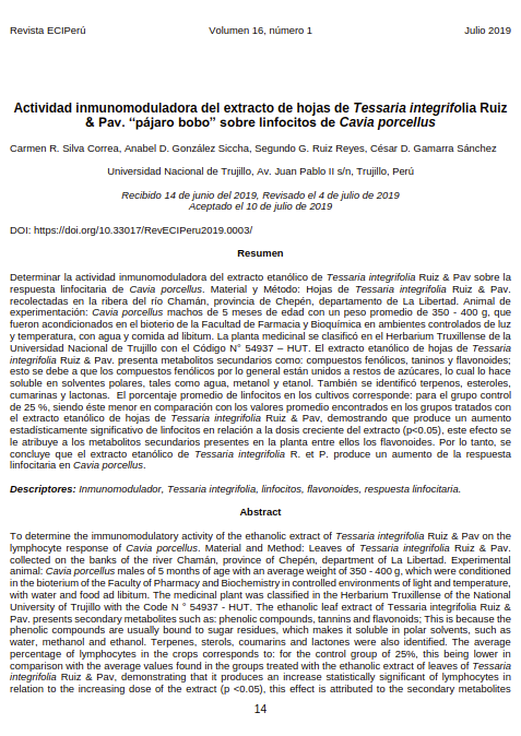 Actividad inmunomoduladora del extracto de hojas de Tessaria integrifolia Ruiz &amp; Pav. &quot;pájaro bobo&quot; sobre linfocitos de Cavia