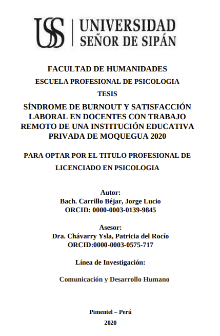 Síndrome de burnout y satisfacción laboral en docentes con trabajo remoto de una institución educativa privada de Moquegua 2020