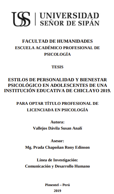 Estilos de personalidad y bienestar psicológico en adolescentes de una institución educativa de Chiclayo 2019