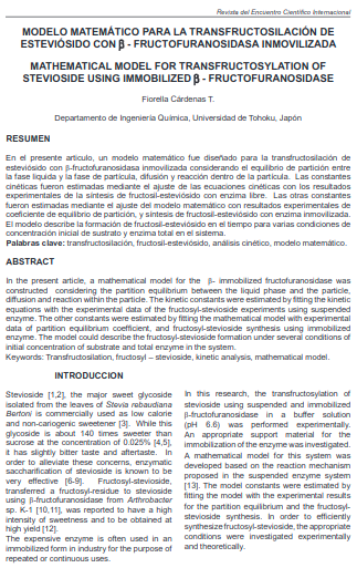 MODELO MATEMÁTICO PARA LA TRANSFRUCTOSILACIÓN DE ESTEVIÓSIDO CON - FRUCTOFURANOSIDASA INMOVILIZADA