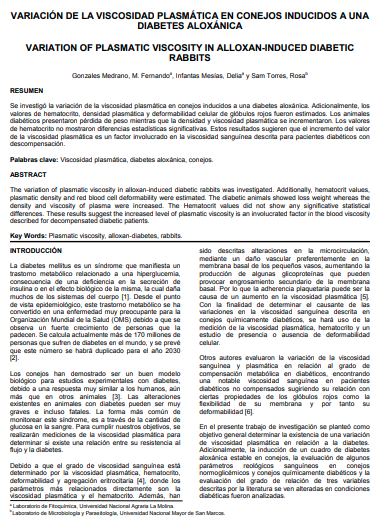 VARIACIÓN DE LA VISCOSIDAD PLASMÁTICA EN CONEJOS INDUCIDOS A UNA DIABETES ALOXÁNICA