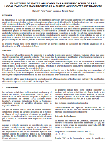 EL MÉTODO DE BAYES APLICADO EN LA IDENTIFICACIÓN DE LAS LOCALIZACIONES MÁS PROPENSAS A SUFRIR ACCIDENTES DE TRÁNSITO