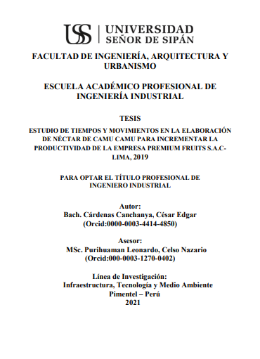 Estudio de tiempos y movimientos en la elaboración de néctar de camu camu para incrementar la productividad de la empresa