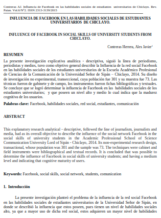 INFLUENCIA DE FACEBOOK EN LAS HABILIDADES SOCIALES DE ESTUDIANTES UNIVERSITARIOS DE CHICLAYO