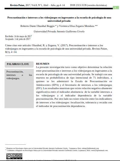 Procrastinación e intereses a los videojuegos en ingresantes a la escuela de psicología de una universidad privada