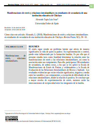 Manifestaciones de estrés y relaciones intrafamiliares en estudiantes de secundaria de una institución educativa de Chiclayo