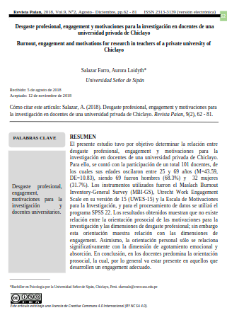 Desgaste profesional, engagement y motivaciones para la investigación en docentes de una universidad privada de Chiclayo