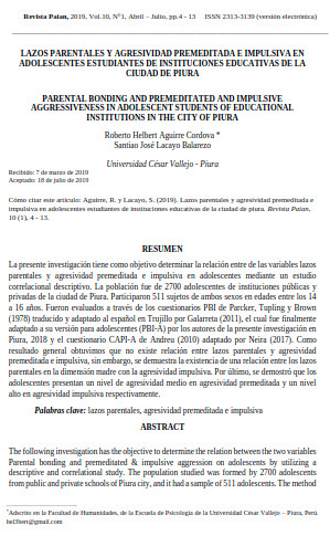 LAZOS PARENTALES Y AGRESIVIDAD PREMEDITADA E IMPULSIVA EN ADOLESCENTES ESTUDIANTES DE INSTITUCIONES EDUCATIVAS DE LA CIUDAD DE PIURA