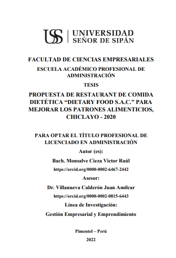 Propuesta de restaurant de comida dietética &quot;Dietary Food S.A.C.&quot; para mejorar los patrones alimenticios