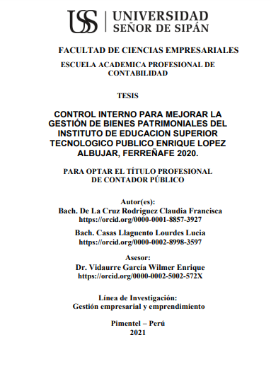 Control interno para mejorar la gestión de bienes patrimoniales del Instituto de Educación Superior Tecnológico Publico