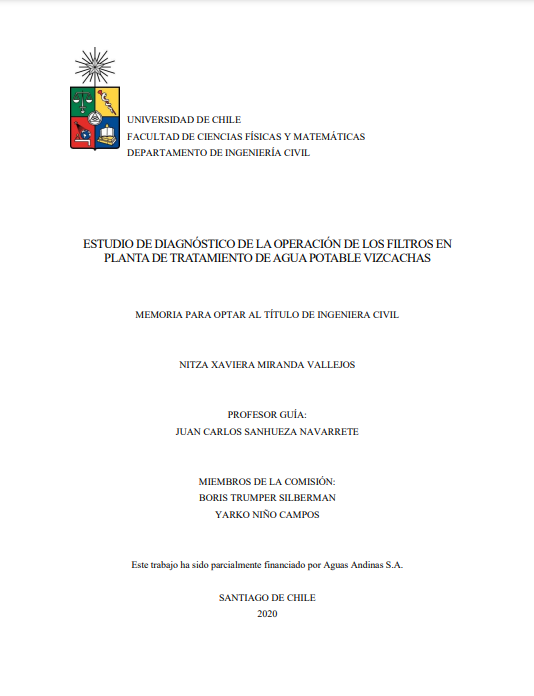 Estudio de diagnóstico de la operación de los filtros en planta de tratamiento de agua potable Vizcachas