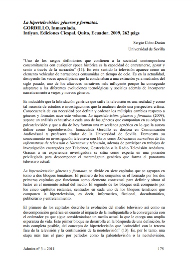 La hipertelevisión: géneros y formatos. GORDILLO, Inmaculada. Intiyan. Ediciones Ciespal