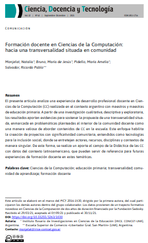 Formación docente en Ciencias de la Computación: Hacia una transversalidad situada en comunidad