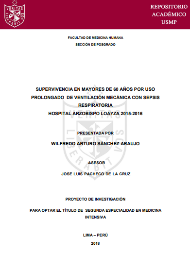 Supervivencia en mayores de 60 años por uso prolongado de ventilación mecánica con sepsis respiratoria Hospital Arzobispo Loayza 2015-2016