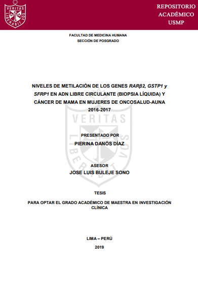 Niveles de metilación de los genes rar&amp;beta;2, gstp1 y sfrp1 en ADN libre circulante (biopsia líquida) y cáncer de mama