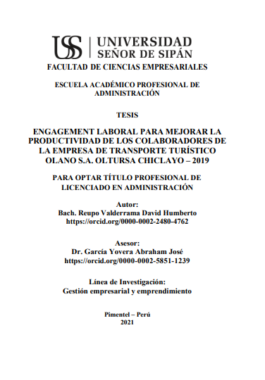 Engagement laboral para mejorar la productividad de los colaboradores de la empresa de transporte turístico Olano S.A.
