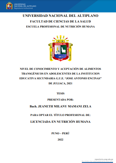 Nivel de conocimiento y aceptación de alimentos transgénicos en adolescentes de la Institución Educativa Secundaria G.U.E. “Jose Antonio Encinas” de Juliaca, 2021