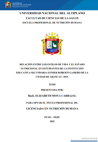 Relación entre los estilos de vida y el estado nutricional en estudiantes de la Institución Educativa Secundaria Esther Roberti Gamero de la ciudad de Abancay - 2019