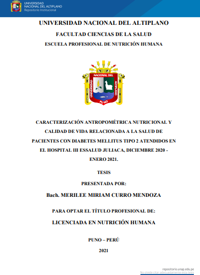 Caracterización antropométrica nutricional y calidad de vida relacionada a la salud de pacientes con diabetes mellitus tipo 2 atendidos en el Hospital III EsSalud Juliaca, diciembre 2020 - enero 2021